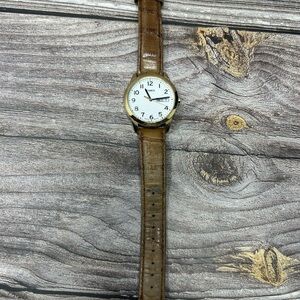 Timex Easy Reader Watch Men Day-Date Indiglo Gold Tone Brown Leather